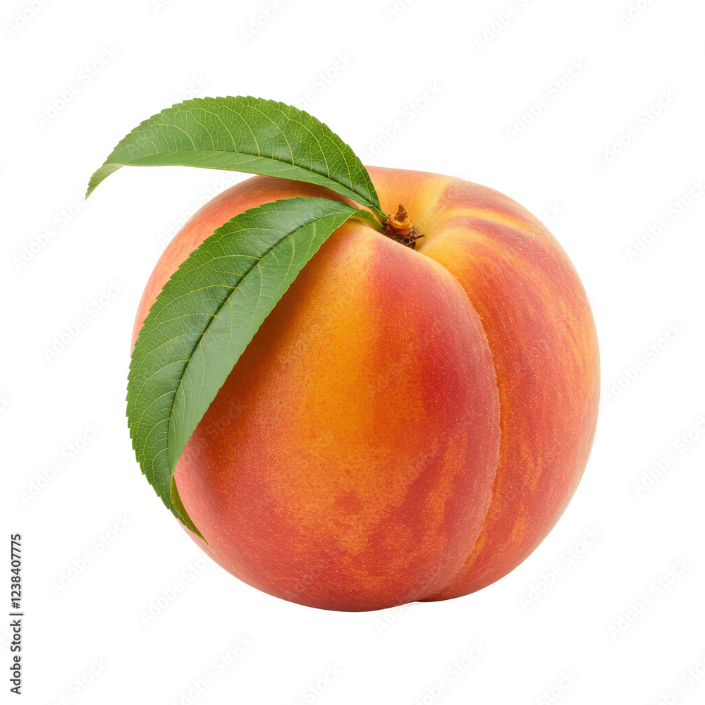 Fresh peach with leaves isolated on white background, front angled view Fresh peach with leaves isolated on white background, front angled view