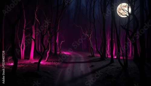 Eerie Pink Moonlit Forest Path: Dark Fantasy Art, Spooky Night Scene, Glowing Trees, Mysterious Road, Digital Painting
