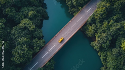 Aerial view of a yellow car on a bridge above clear blue water surrounded by lush green trees.