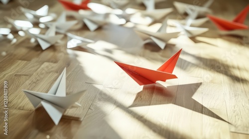 Colorful Paper Planes on a Wooden Floor, Symbolizing Creativity and Freedom in Simplicity