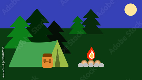 Night Camping in Nature with Tent, Backpack, Fire, and Pine Trees