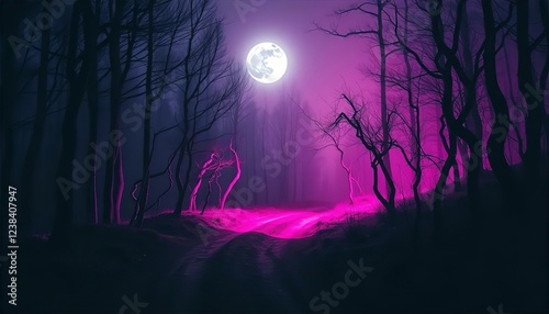 Eerie Pink Moonlit Forest Path: Dark Fantasy Art, Spooky Night Scene, Mystical Nature Photography, Halloween Background