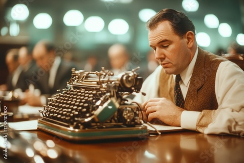 A court stenographer typing on a shorthand machine during an official trial, with lawyers and a judge visible in the background photo