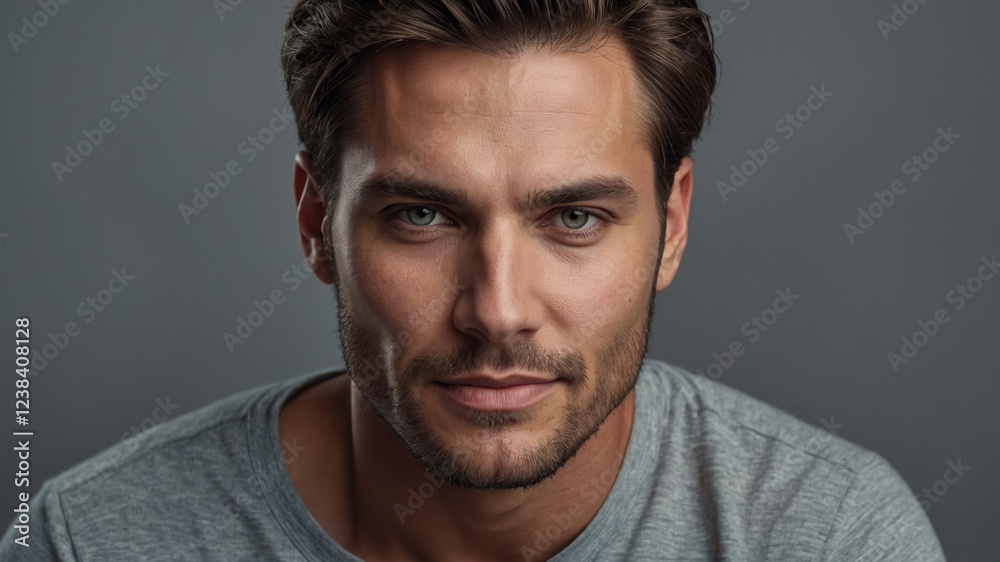 Obraz premium Portrait of a man with striking blue eyes and casual style against a simple backdrop