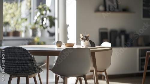 A cozy dining area with a cat sitting at the table, enjoying a sunny day. Modern chairs and a peaceful atmosphere invite relaxation.