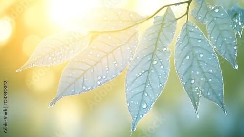 Dewdrops adorn translucent leaves backlit by sunlight