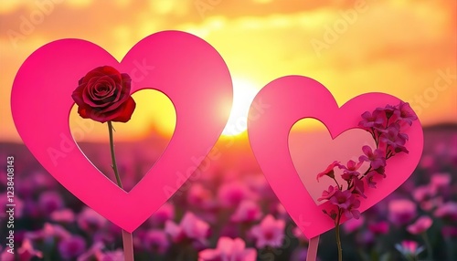 Romantic Sunset Valentine's Day Hearts with Rose and Flowers in Field