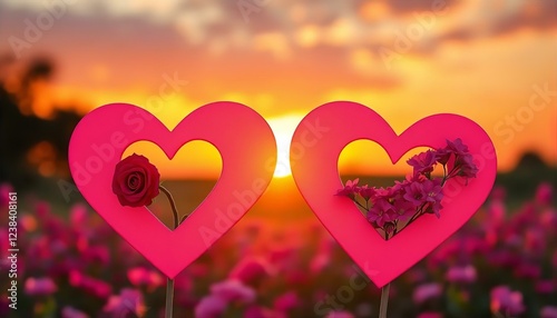 Romantic Sunset Heart Shaped Cutouts with Flowers and Rose: Valentine's Day Love Image
