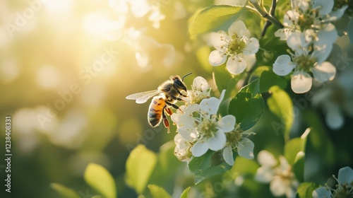 A busy bee collecting nectar from beautiful white flowers in a sunny garden setting with vibrant colors and soft light.