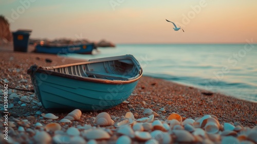A serene beach scene with a lonely blue boat and seashells along the sandy shore, basking in the warm glow of a sunset.