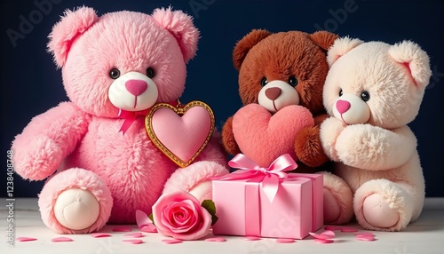 Adorable Pink Brown Beige Teddy Bears Valentine's Day Gift Rose Hearts Plush Toys Romantic Couple Love