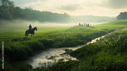 A peaceful scene with a horse rider near a misty stream and distant riders in the lush green landscape of early morning.