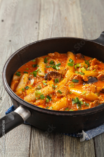 Obraz na płótnie Traditional Korean Tteokbokki rice noodles with chicken, vegetables and shitake mushrooms. Prepared in a pan. w salonie