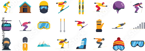 Professional skiers performing various skiing activities and skiing equipment icons set in flat style