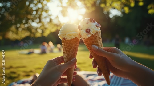 Two hands holding ice cream cones in a sunny park, sharing joy and sweet moments on a warm day.
