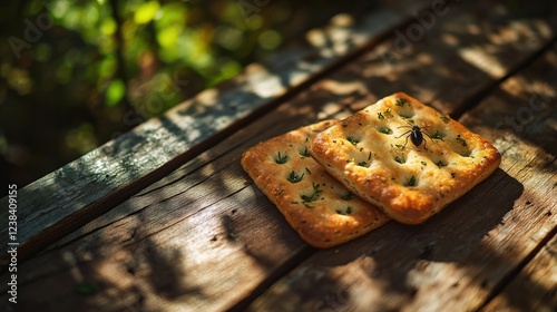 Delicious homemade focaccia bread resting on a wooden table in soft sunlight. Perfect for sharing or enjoying alone.