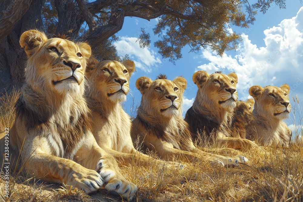 A Pride of Lions Resting Under a Tree A Pride of Lions Resting Under a Tree