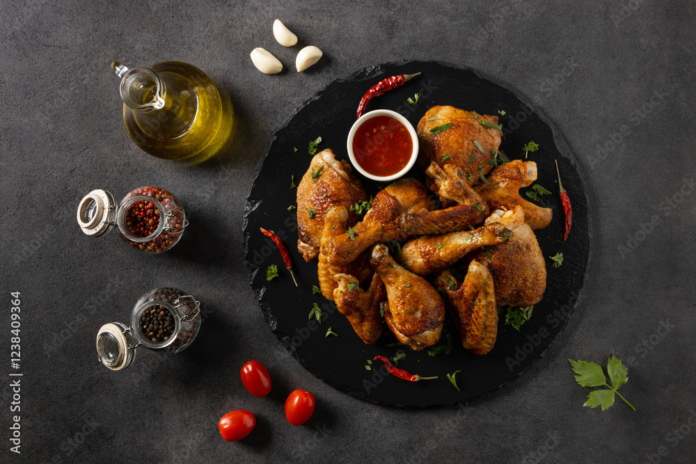 Mix of baked chicken pieces.