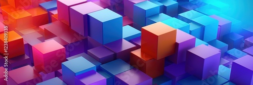 Colorful Abstract 3D Render of Geometric Cubes in Vibrant Blue, Purple, and Orange Tones, Perfect for Modern Digital Designs and Backgrounds