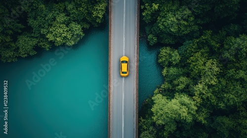 A bright yellow car travels over a scenic bridge surrounded by vibrant trees and calm blue water.