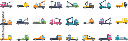 Colorful tow truck icons depicting various types of towing vehicles and equipment, representing diverse roadside assistance and vehicle recovery services