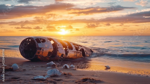 A sunlit beach with a mysterious object washed ashore at sunset, creating an intriguing landscape and a sense of adventure.
