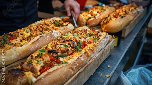 Delicious sandwiches filled with chicken and colorful vegetables on display at a food market.