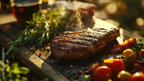 Grilled Steak with Fresh Vegetables and Herbs, Perfect for Outdoor Barbecue, Mouthwatering Grilled Dish on Wooden Platter