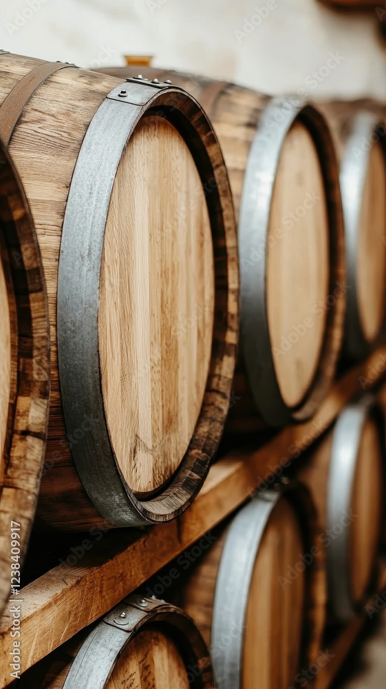 Oak Wine Barrels Aged in Winery Cellar Close Up View Oak Wine Barrels Aged in Winery Cellar Close Up View