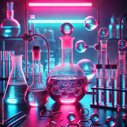 Close-up view of a laboratory setting illuminated with vibrant pink and blue neon lighting

