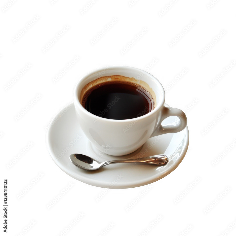 Freshly brewed coffee in a white cup with a spoon on a saucer against a transparent background Freshly brewed coffee in a white cup with a spoon on a saucer against a transparent background