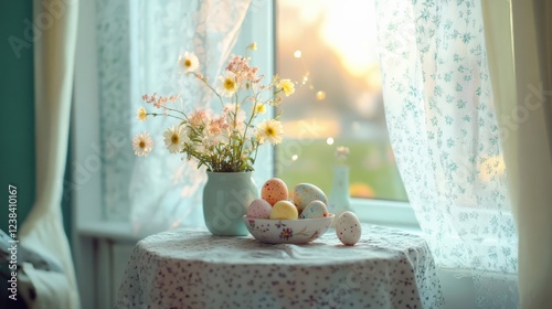 A cozy window scene with colorful Easter eggs and spring flowers on a table, capturing a serene morning glow.