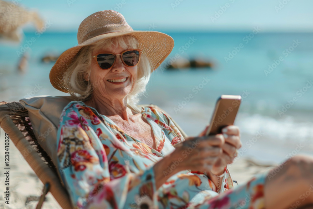 Fototapeta premium Grandmother relaxes on a sun lounger at the beach while enjoying her smartphone in sunny weather