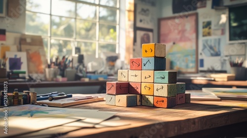 Colorful wooden blocks stacked in a bright art studio with sunlight streaming through the window.