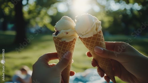 Two hands hold ice cream cones under bright sunlight in a green park. Enjoy warm days with sweet treats and good company.