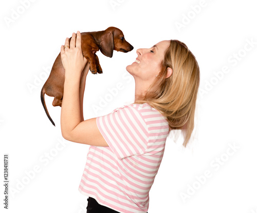 Photo of cool young lady hug dog look empty space isolated on transparent background. PNG transparent.
