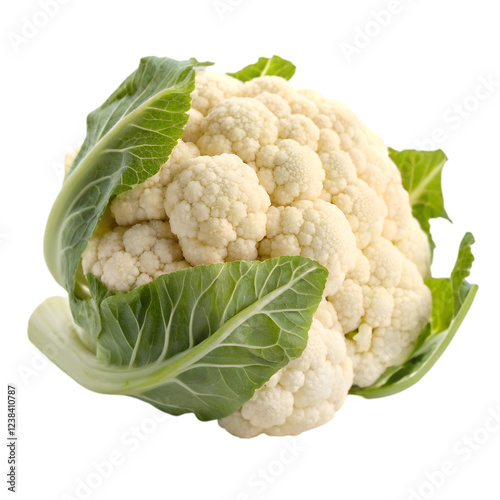 Fresh cauliflower vegetable with green leaves isolated on eat food diet on transparent background