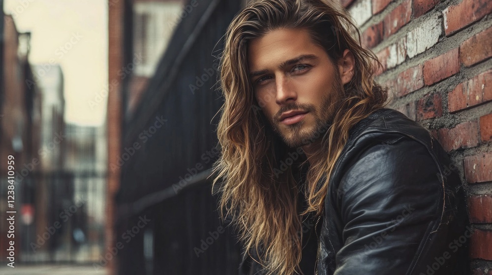 Against a backdrop of rustic brick in an urban environment, a man with flowing long hair displays a confident expression, highlighting his edgy style and relaxed demeanor Against a backdrop of rustic brick in an urban environment, a man with flowing long hair displays a confident expression, highlighting his edgy style and relaxed demeanor