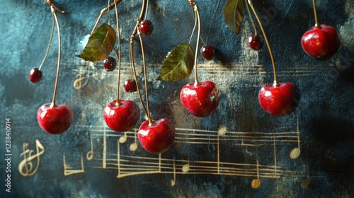 Bright Red Cherries Hanging on Sheet Music Notes in a Unique Art Display