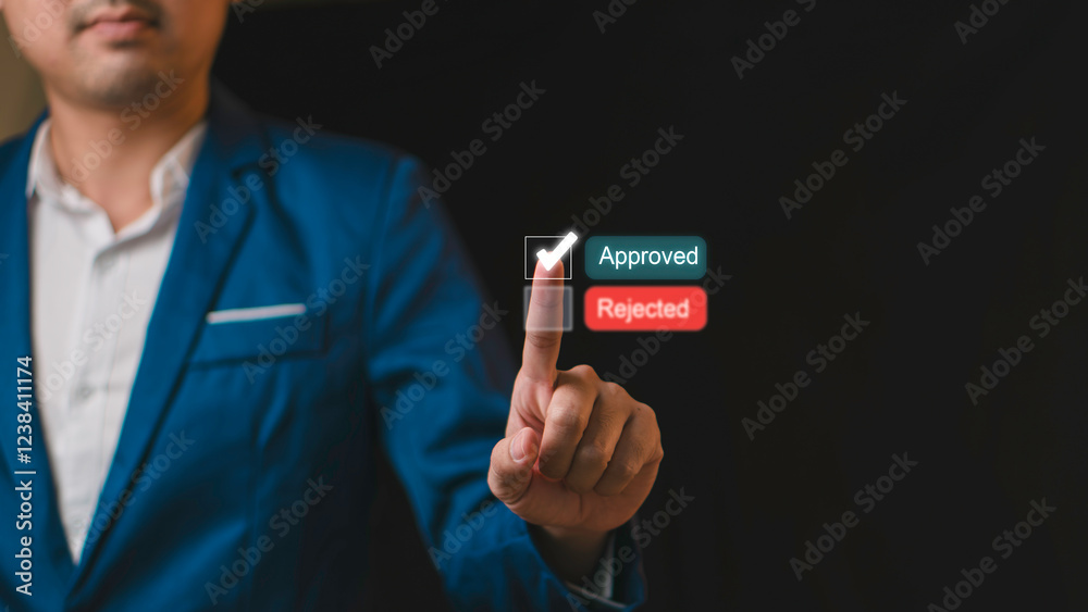 Business confirmation or approved concept. Businessman choose or tick correct mark with approve , Quality Control or QC and improvement, Pass inspection, accept approved, survey.