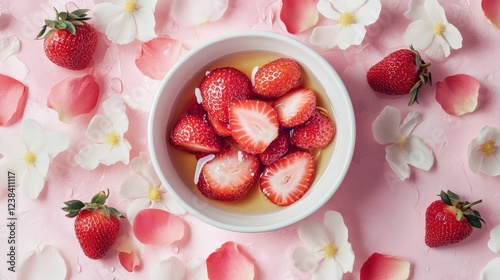 Fresh strawberries in a white bowl on pink background with flower petals. A vibrant and tasty fruit display for healthy desserts.