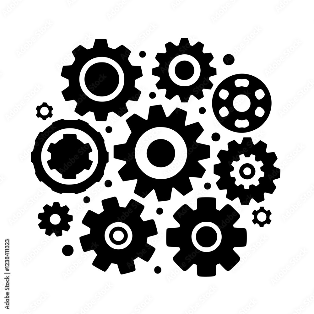 Interlocking Gears: A Black and White Illustration of Industrial Machine Cogs. Perfect for engineering, technology, and manufacturing concepts. Interlocking Gears: A Black and White Illustration of Industrial Machine Cogs. Perfect for engineering, technology, and manufacturing concepts.