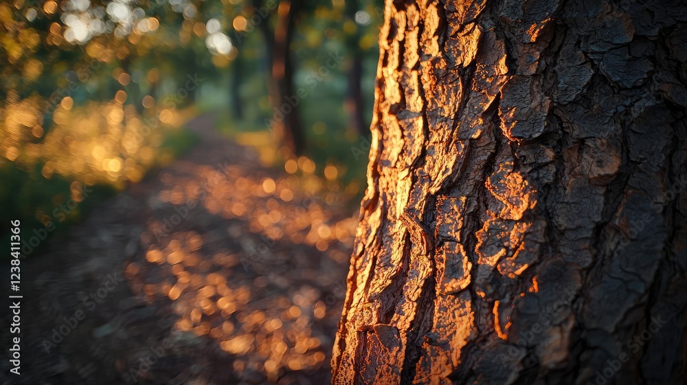 Golden hour forest nature concept. Close-up of tree bark with warm sunlight illuminating a serene forest path. Golden hour forest nature concept. Close-up of tree bark with warm sunlight illuminating a serene forest path.