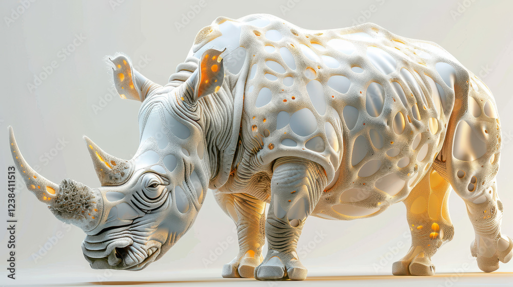 Fototapeta premium A rhino made of fractal elements in white and gold colors.