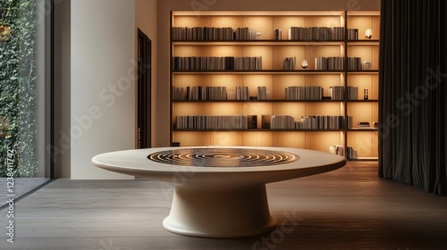 Modern round table with unique design in a stylish room with shelves. Warm lights enhance the calm atmosphere for relaxation.