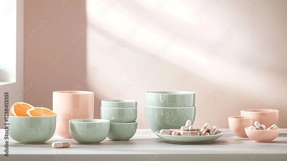 A tranquil composition highlighting a variety of natural supplements and vitamins, set against a backdrop of muted pastel tones. The gentle play of light and shadow creates a peaceful atmosphere, A tranquil composition highlighting a variety of natural supplements and vitamins, set against a backdrop of muted pastel tones. The gentle play of light and shadow creates a peaceful atmosphere,