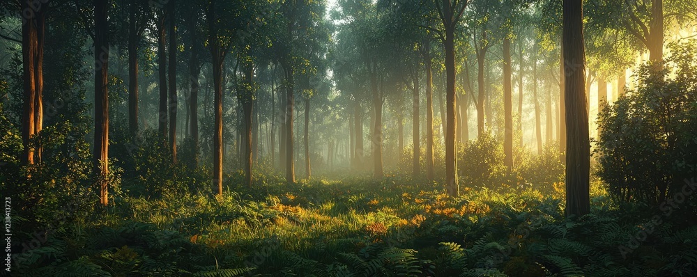 Fototapeta premium Golden hour forest nature concept. Serene forest scene with sunlight filtering through tall trees and lush ferns thriving below.