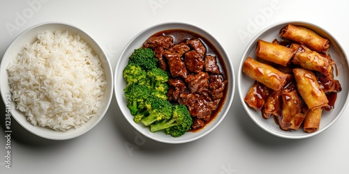 Delicious chinese food presenting beef, broccoli, spring rolls and rice in bowls