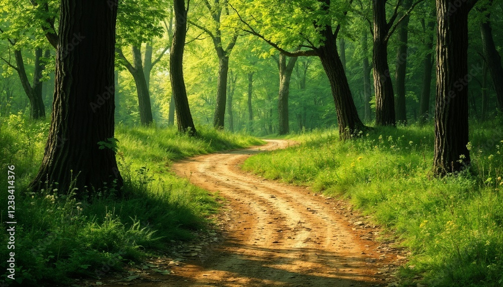Obraz premium Serene Sunlit Forest Path in Vibrant Green Tones with Copy Space