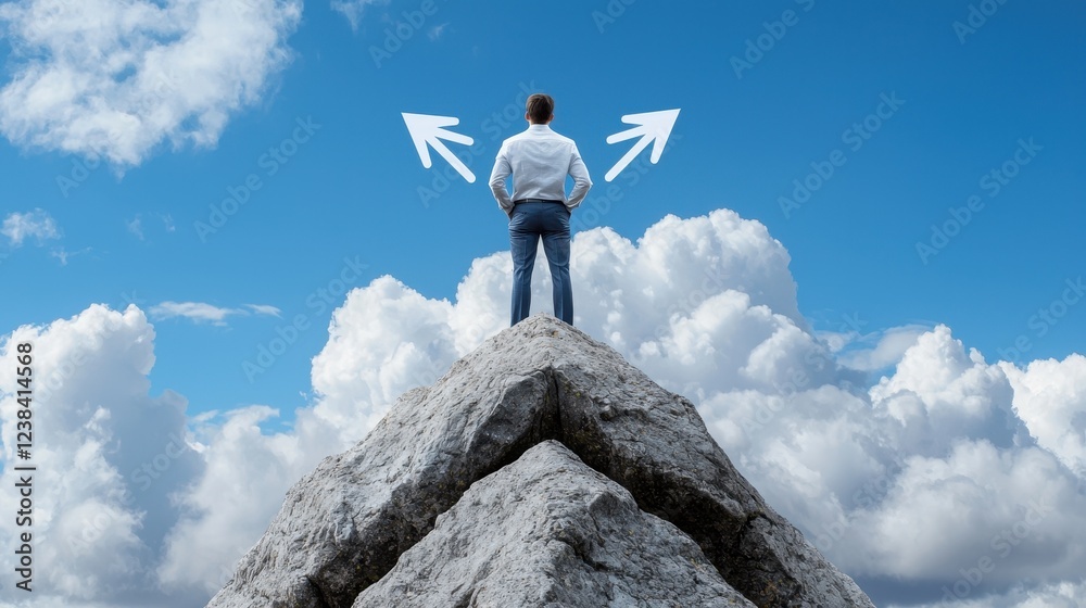 A person stands atop a rock, contemplating two paths in the sky, symbolizing choices and decision-making against a backdrop of clouds. A person stands atop a rock, contemplating two paths in the sky, symbolizing choices and decision-making against a backdrop of clouds.